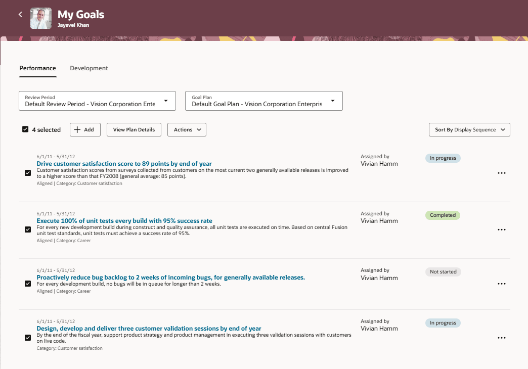 Manager's My Goals page with all performance goals of a goal plan selected