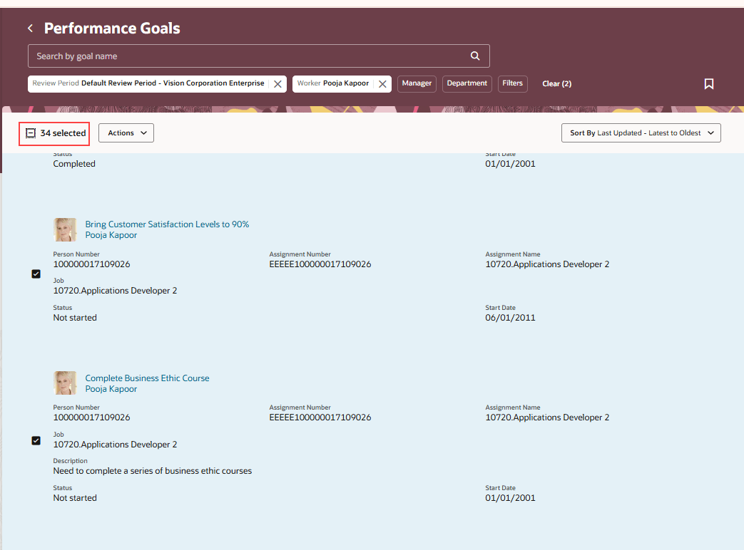 Performance Goals page of HR Specialist with review period and worker filters applied and all goals selected