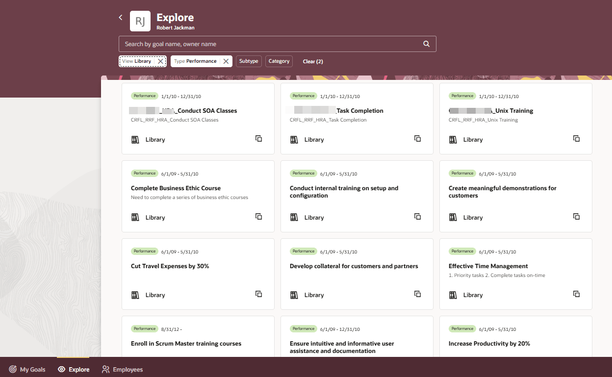 Explore Tab on manager's Team Goals Center showing library performance goals