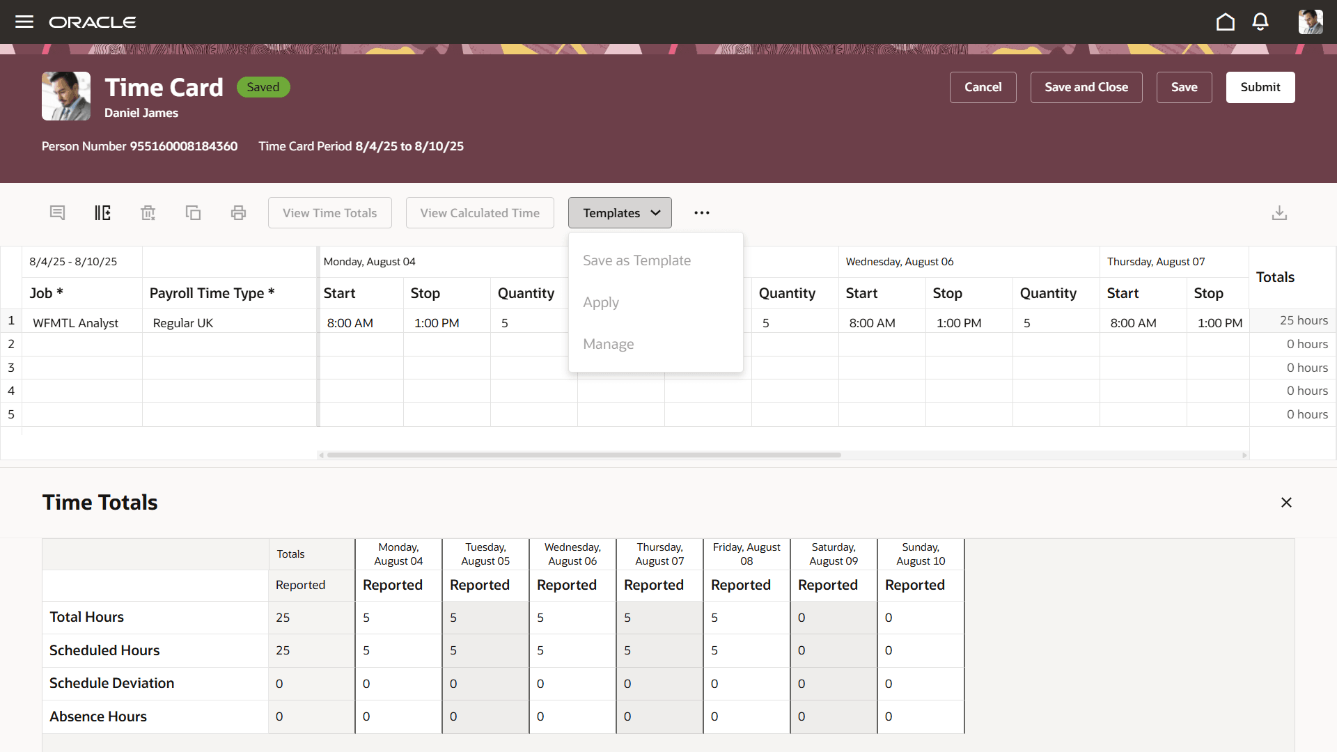 Redwood Time Card with the Time Totals Drawer Open