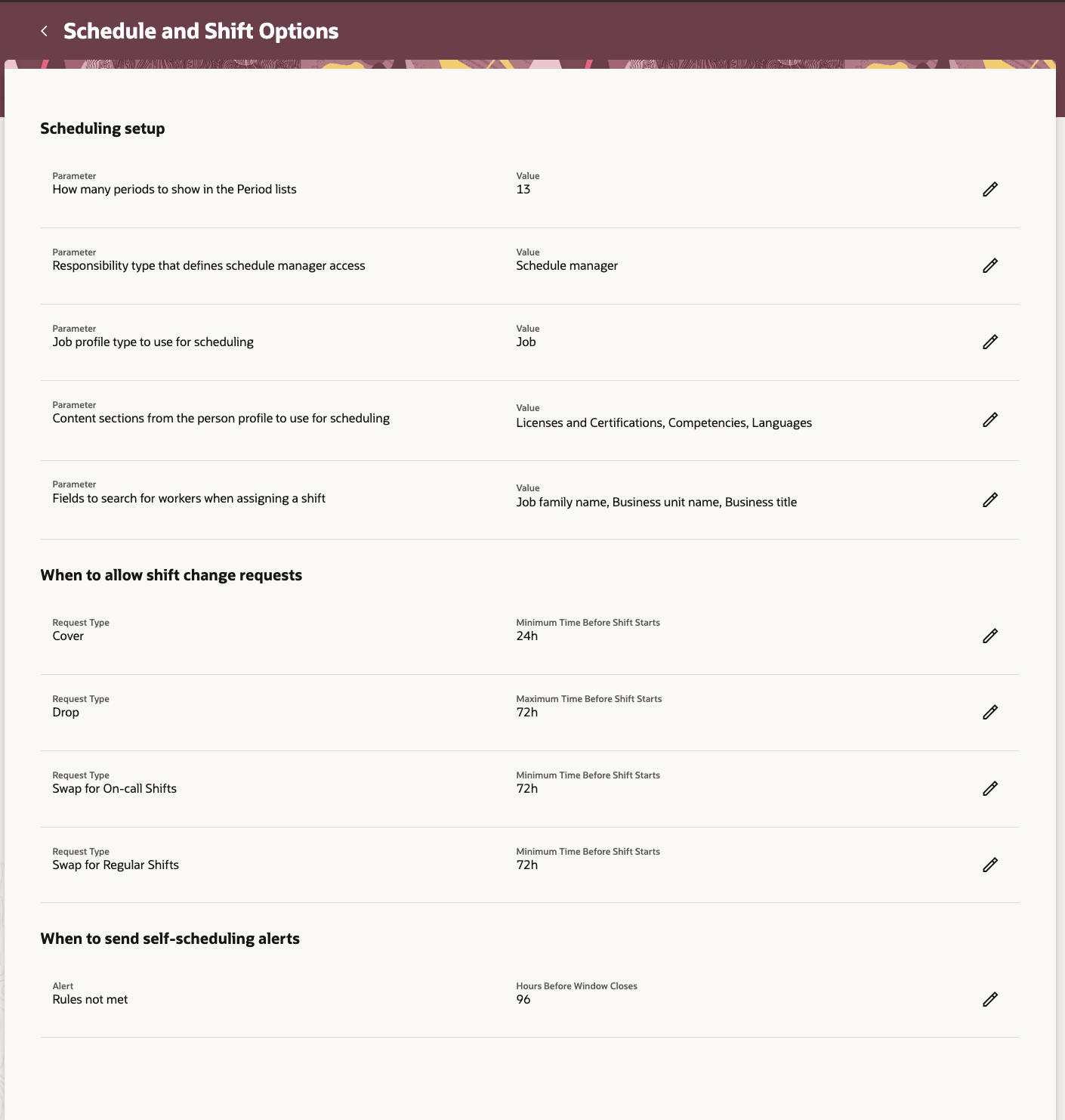 New Schedule and Shift Options Page