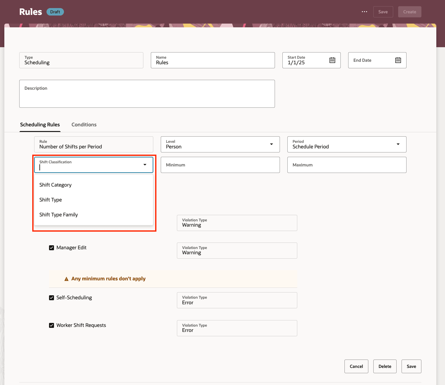 Rule Set Page Showing the Shift Classifications in Number of Shifts per Period rule