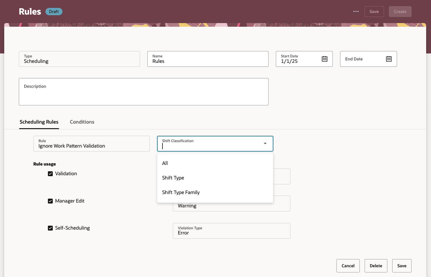 Rule Set Page Showing the Ignore Work Pattern Validation Rule 