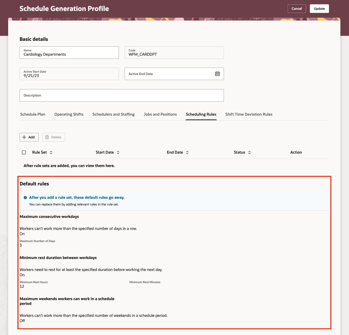 Default Rules in Read-Only in Existing Schedule Generation Profiles