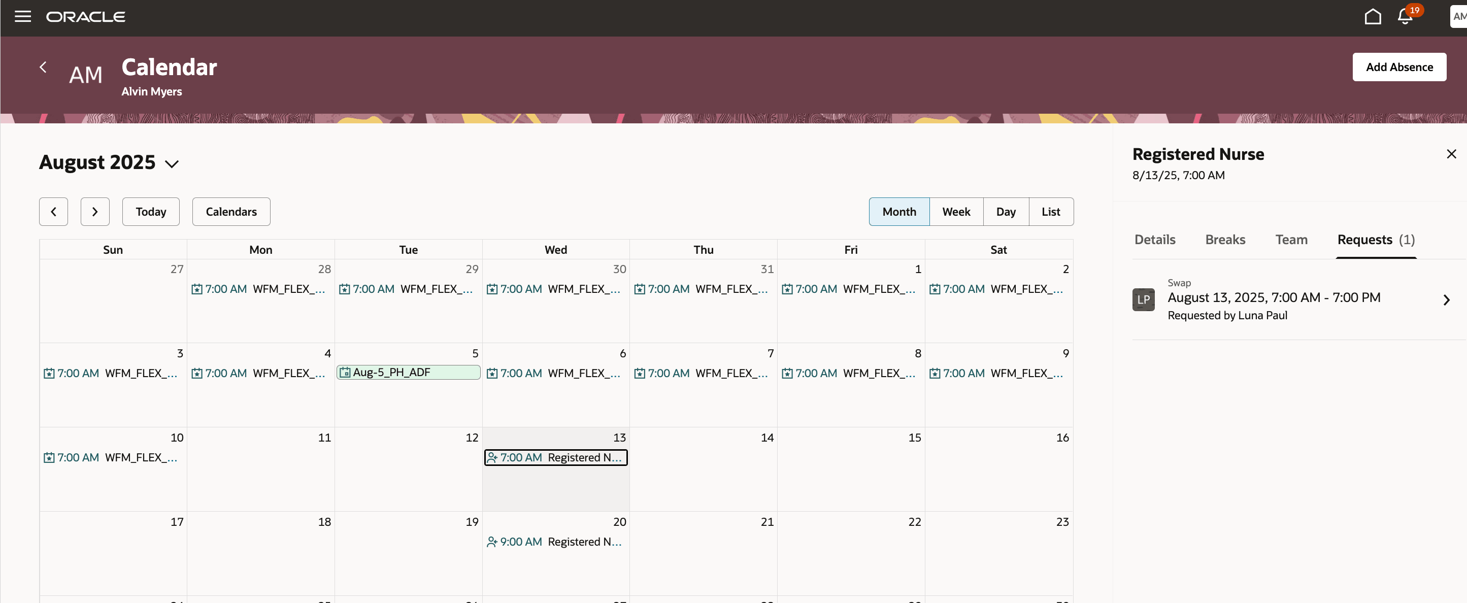 Initiator's View of Swap Request in Their Calendar