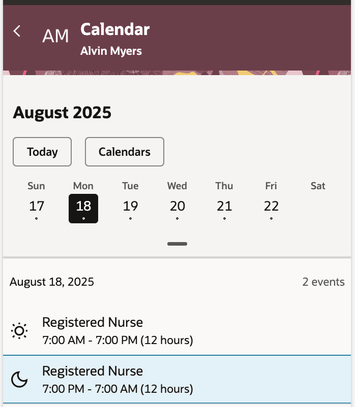 Mobile Calendar Showing New Shift Icons