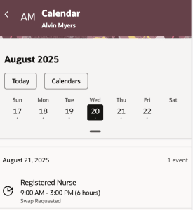Mobile Calendar Showing a Pending Approval Icon and Extra Text That the Worker Requested a Swap