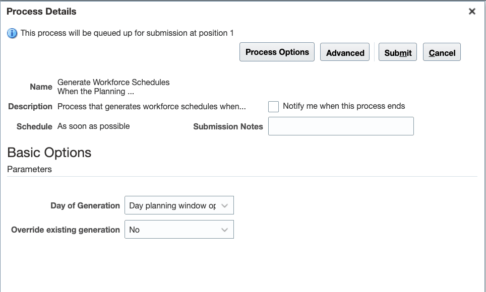 Basic Options for the New Process Generate Workforce Schedules When the Planning Window Opens Scheduled Process