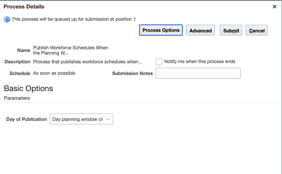 Basic Options for the New Publish Workforce Schedules When the Planning Window Closes Scheduled Process 