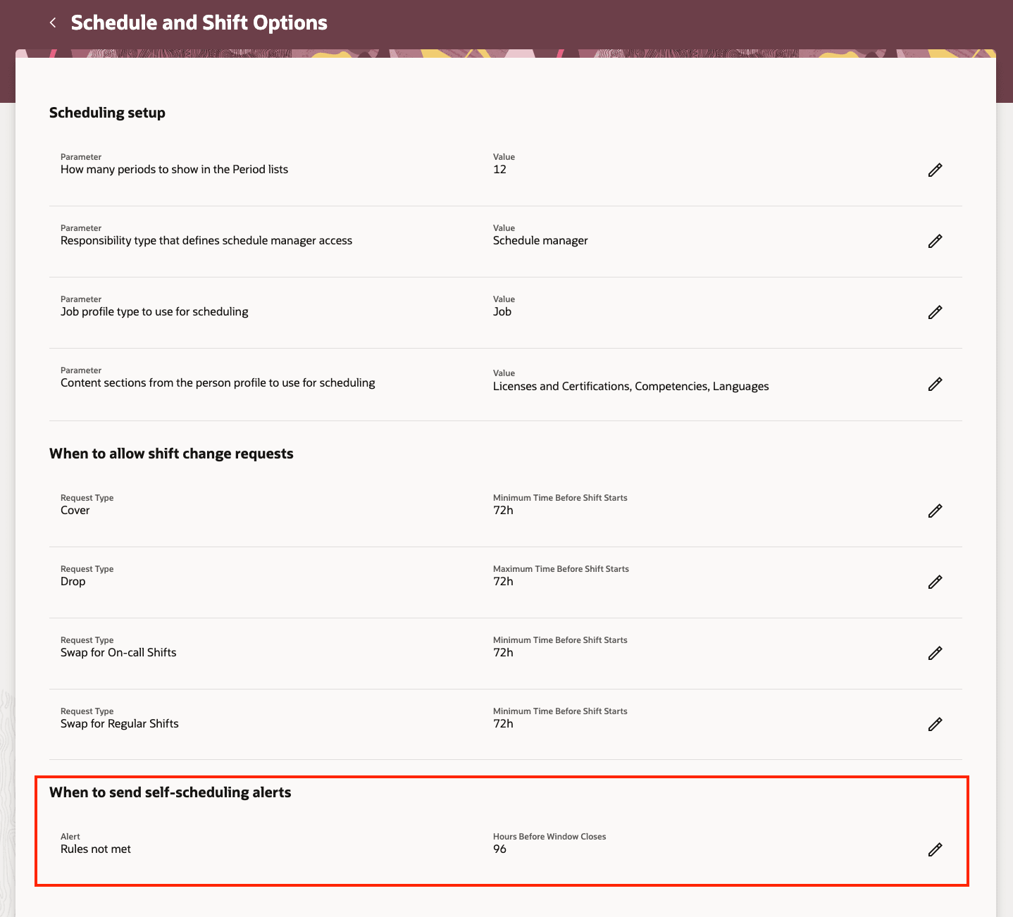 Schedule and Shift Options with the When to Send Self-Scheduling Alerts Section
