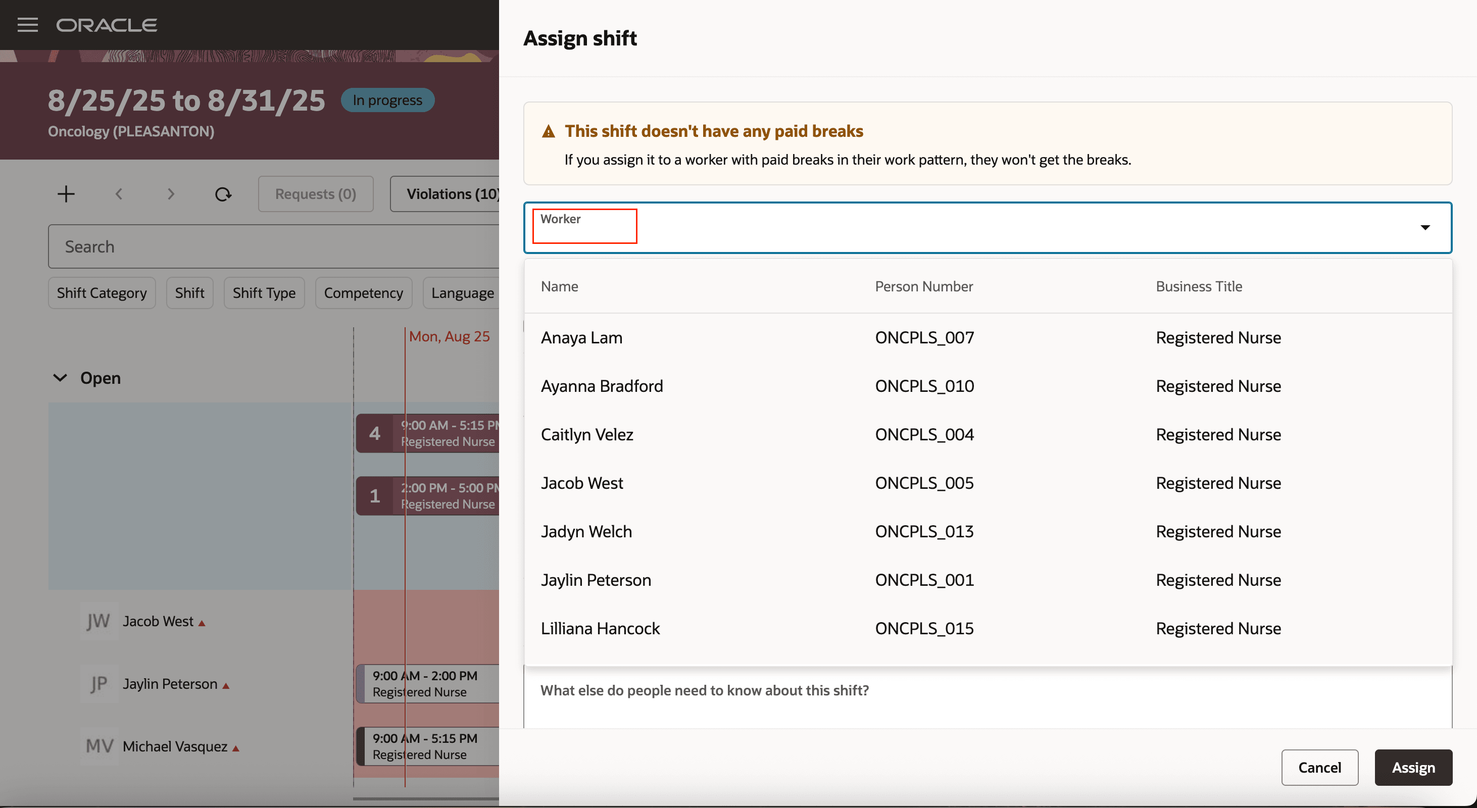 Assign Shift Drawer Showing a List of Only Available Workers
