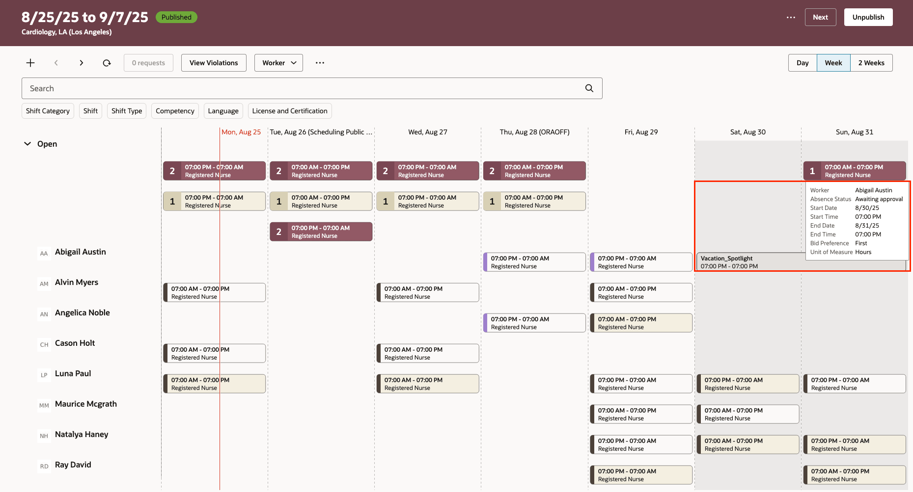 Department Schedule Showing a Worker's Absence Bid