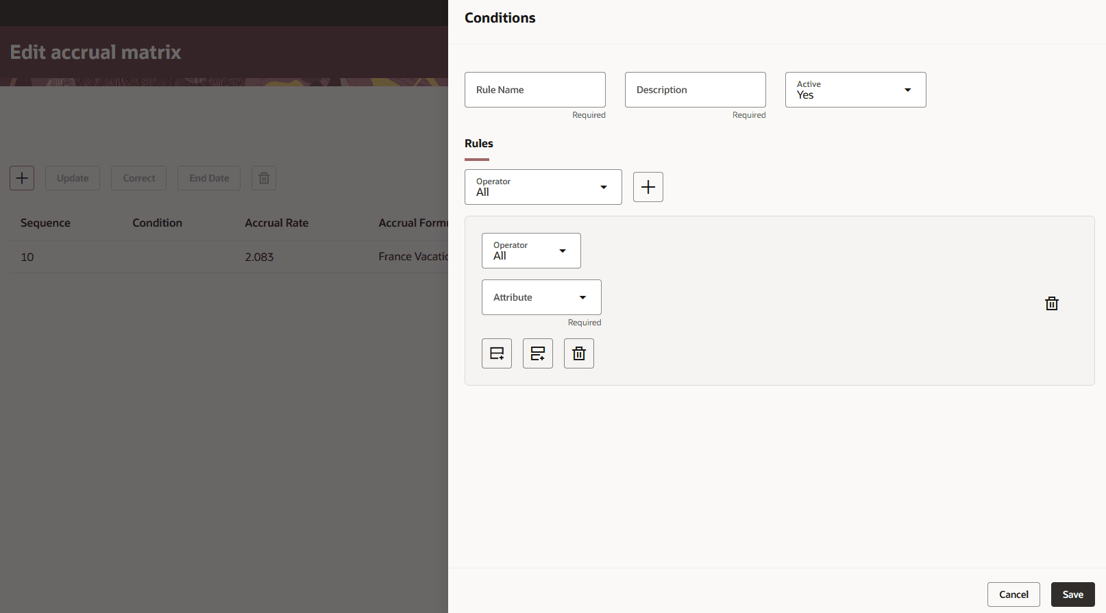 Condition builder in the accrual matrix page.