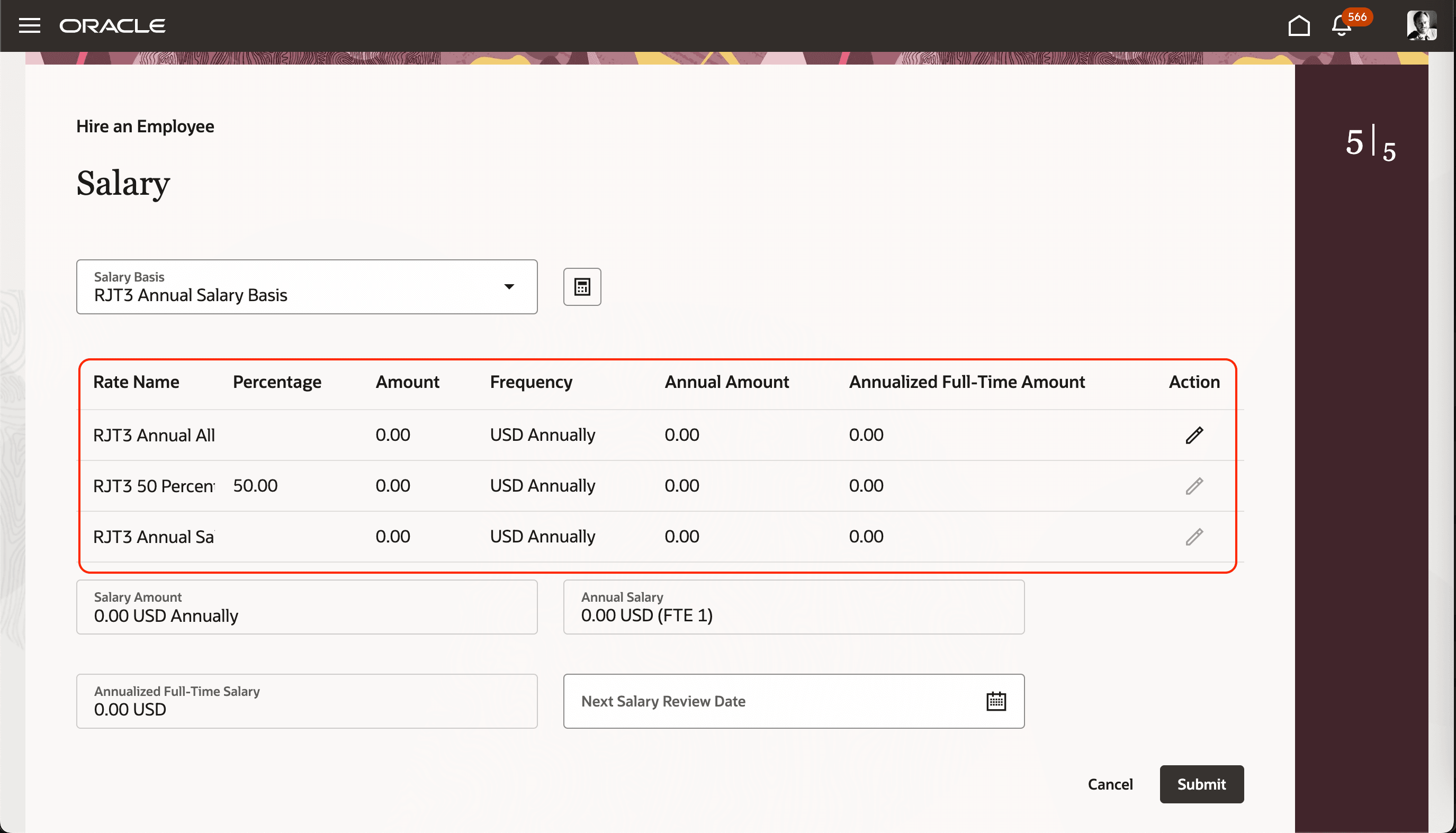 Redwood Hire an Employee Page with Default Columns for Rates-Based Components