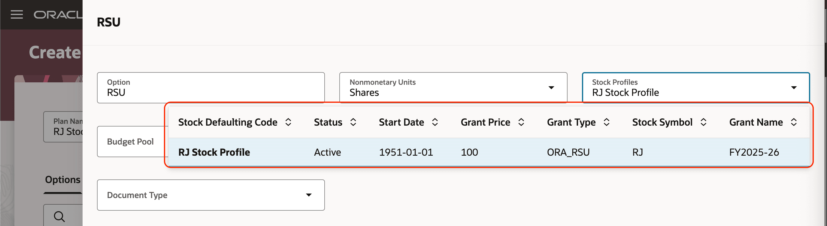 Stock Profile Details Visible from the Create Individual Compensation Plan Page