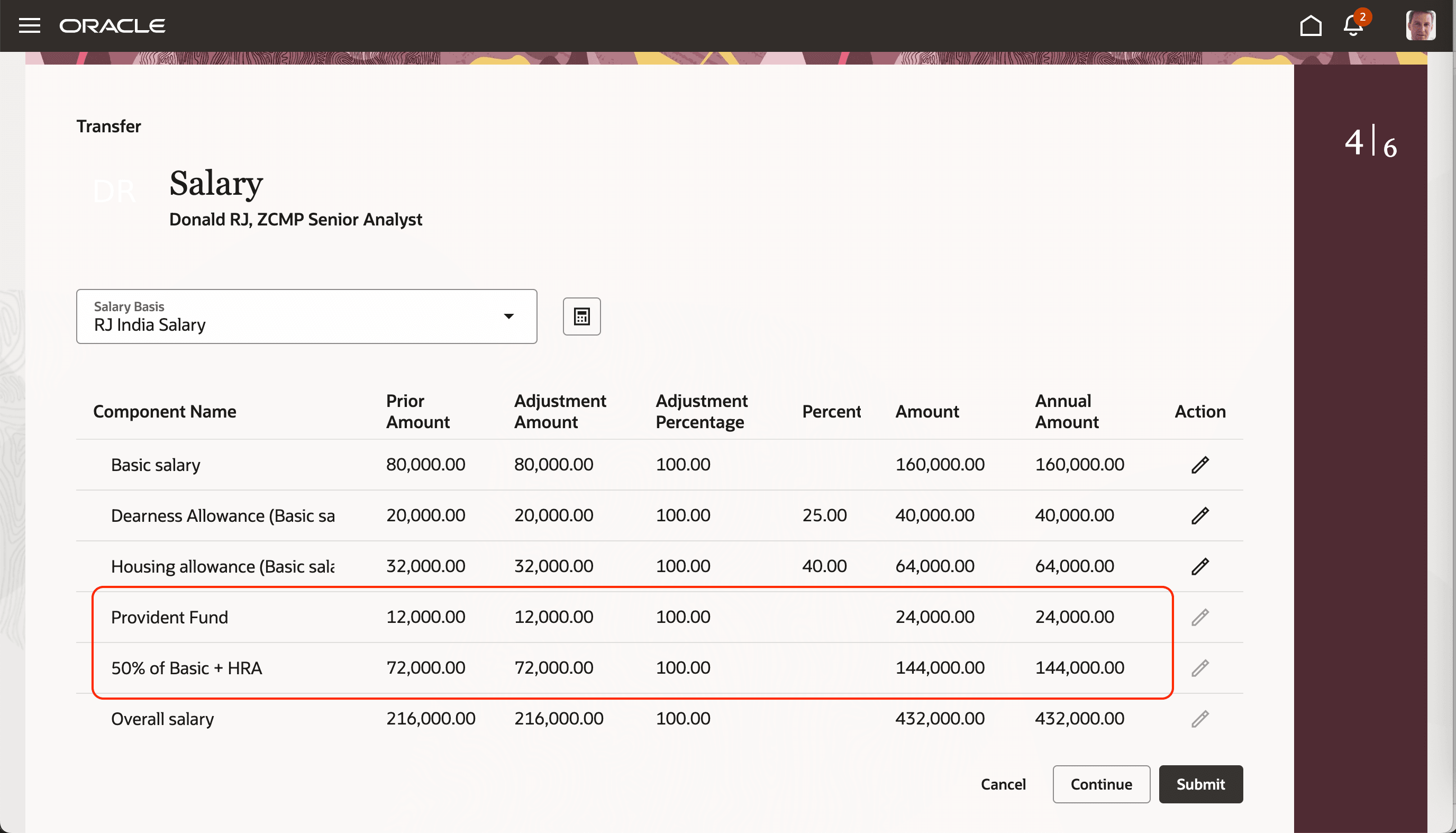 Provident Fund and Other Allowance Calculated Per Formula in Redwood Transfer Page