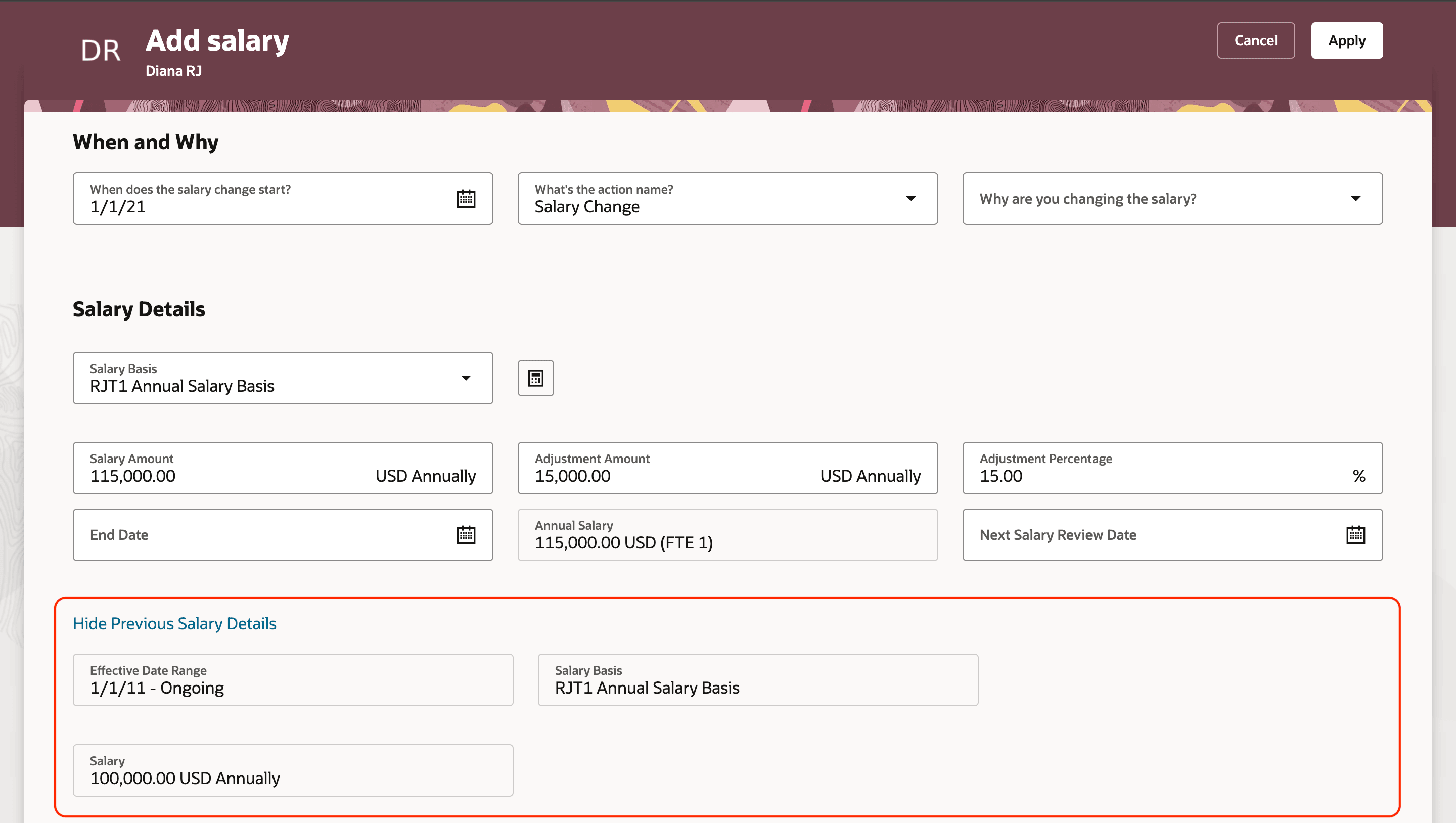Prior Salary Details Section