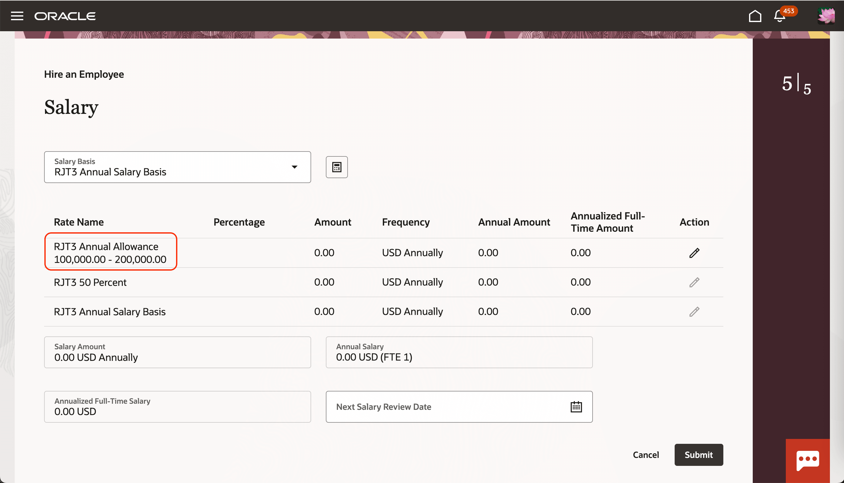 Salary Section on a Hire an Employee Page Showing the Applicable Range under a Rate Definition Name, Before the Page Constant Is Set to Hide the Range