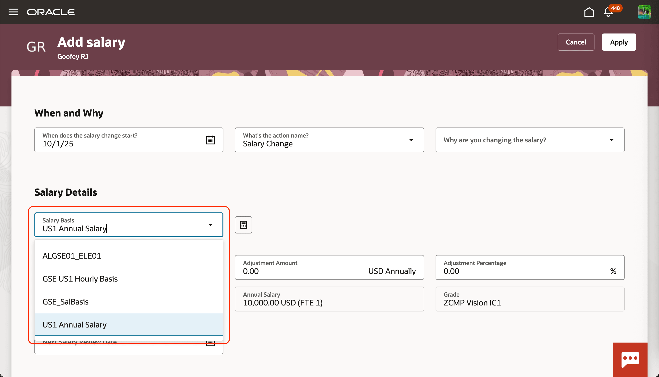 Add Salary Page Showing the Salary Basis List with 4 Values Before the Business Rule
