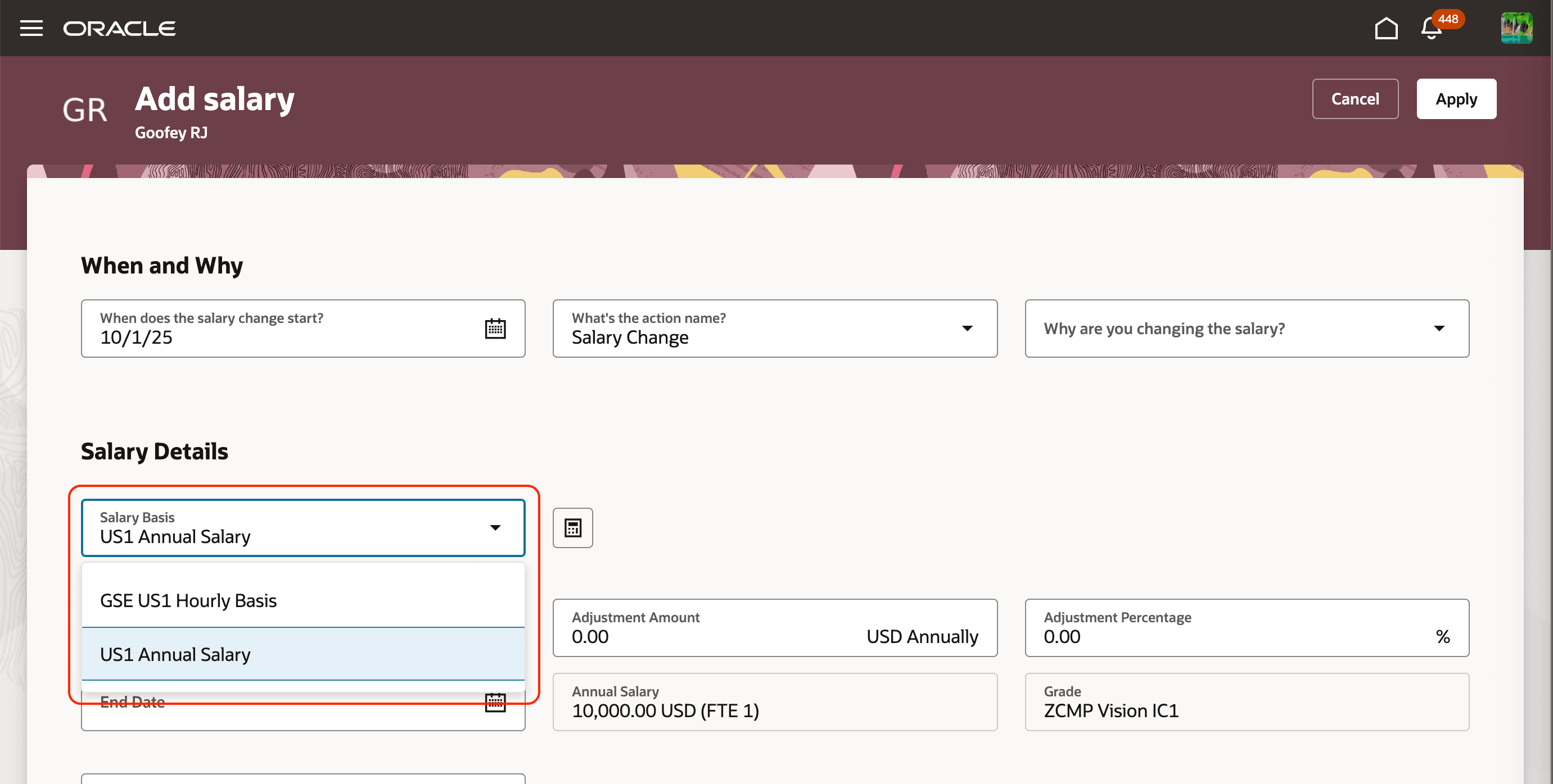 Add Salary Page Showing the Salary Basis List with Only 2 Values After the Business Rule