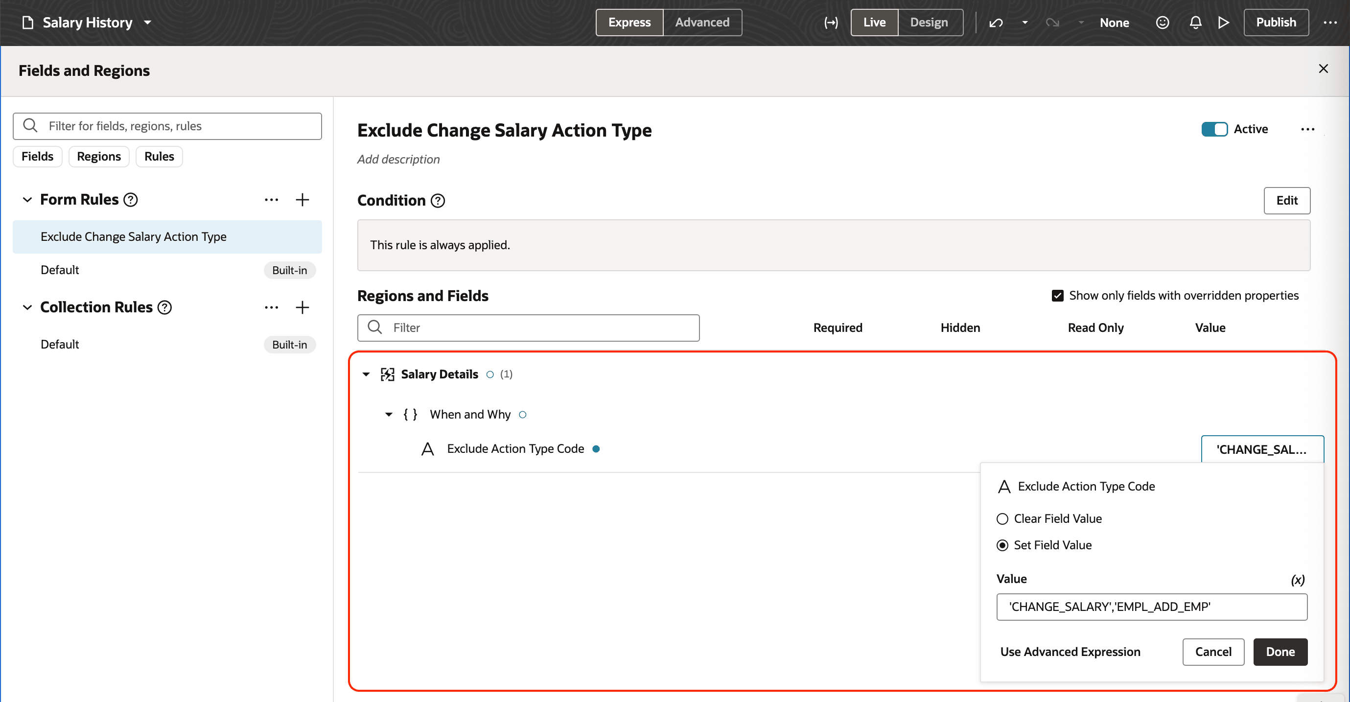 Visual Builder Studio Showing the Exclude Action Type Code Attribute