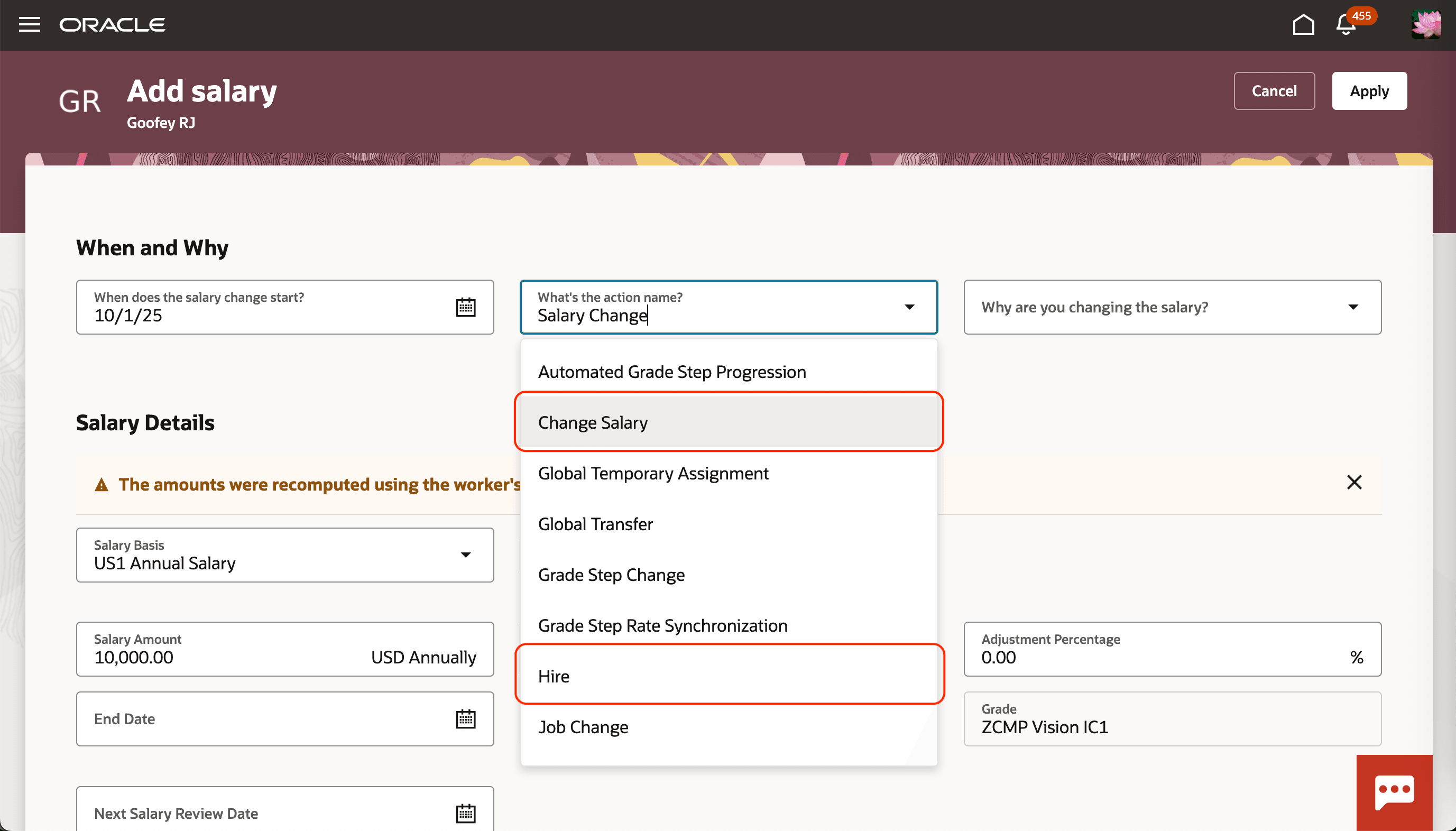 Add Salary Page Showing the What's the Action Name? List that Includes Change Salary and Hire, Before the Business Rule