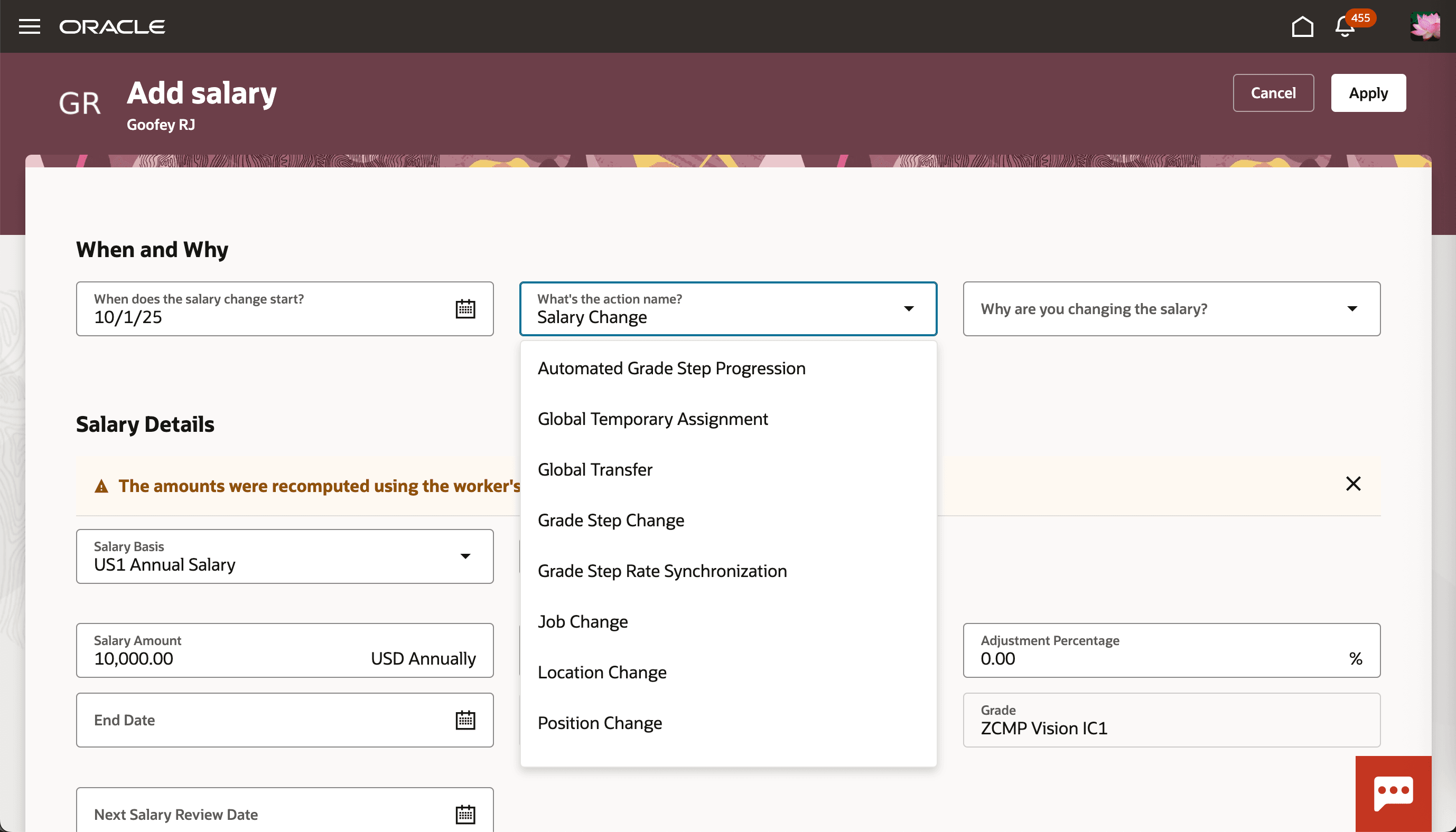 Add Salary Page Showing the What's the Action Name? List Without Change Salary and Hire, After the Business Rule