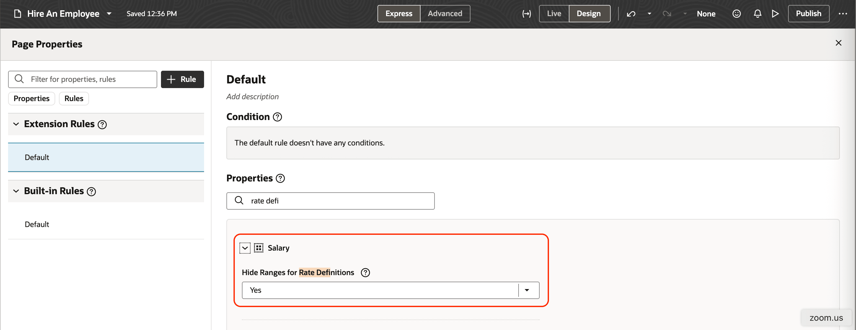 Visual Builder Studio Showing the Page Constants You Can Use to Hide Ranges for Rate Definitions
