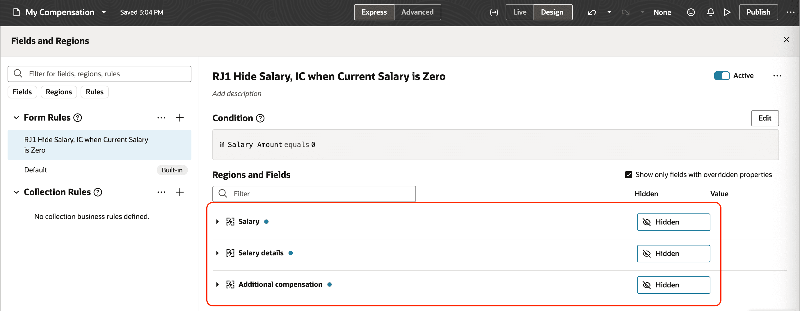 Business Rule Configuration to Hide Sections Whenever the Salary Amount is Zero