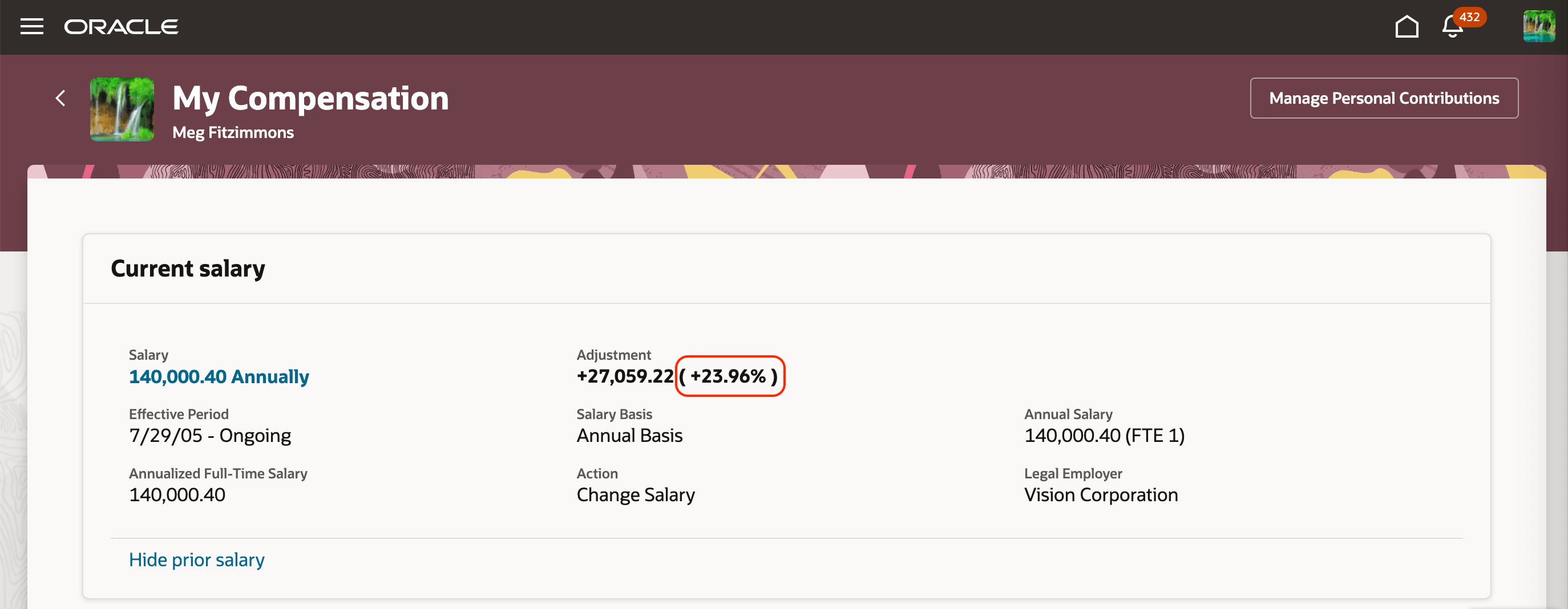 My Compensation Page Showing the Default Adjustment Percentage Behavior
