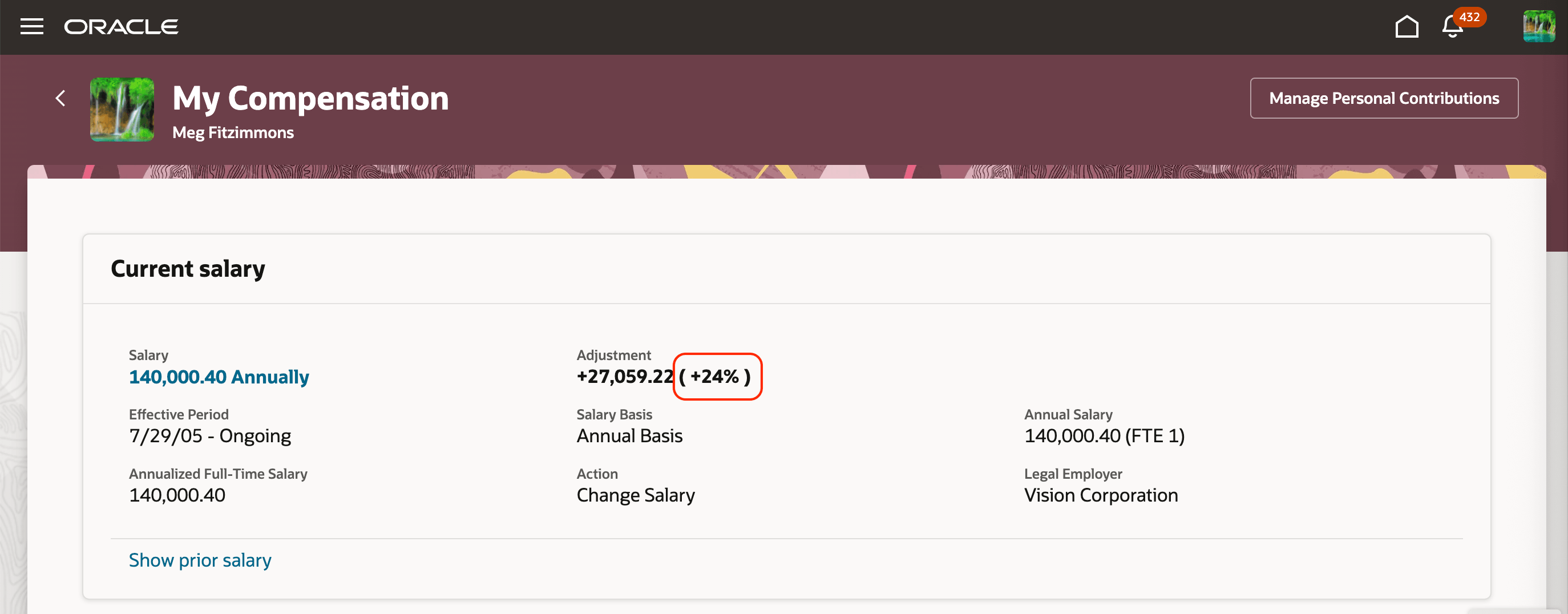 My Compensation Page Showing the Adjustment Percentage with 0 Decimals