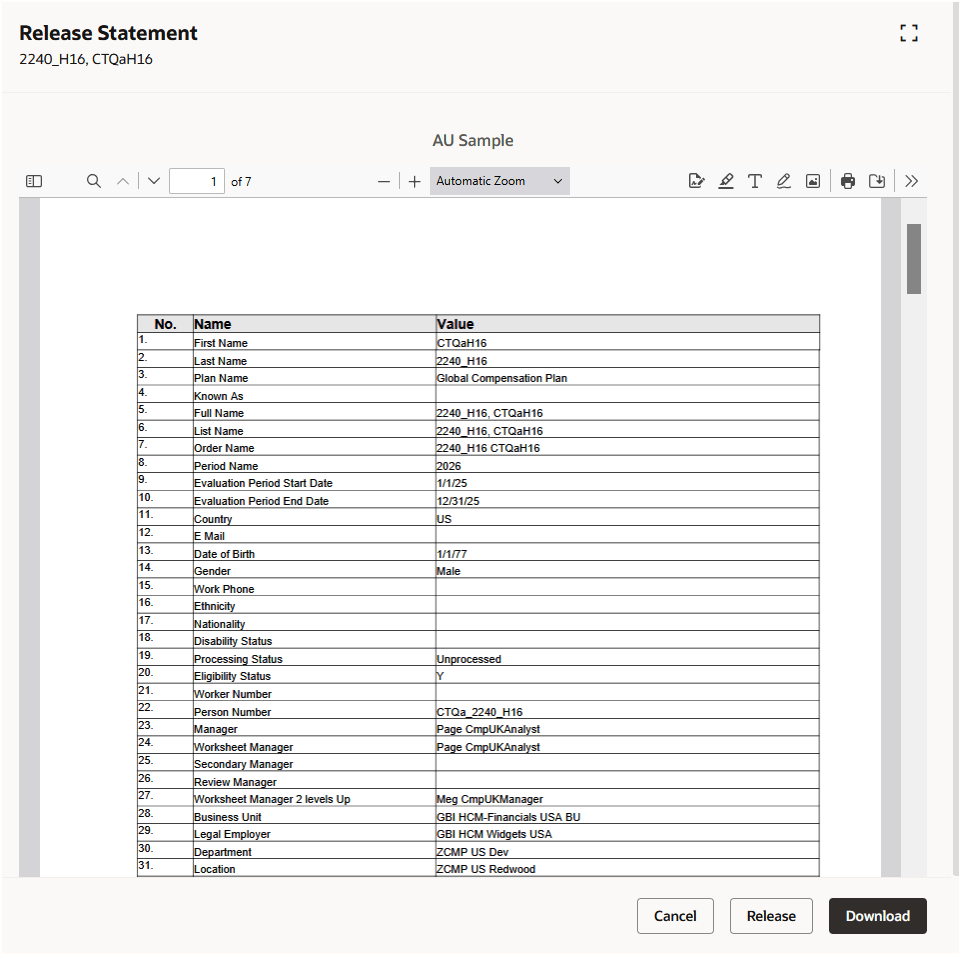 Compensation Change Statement View and Release