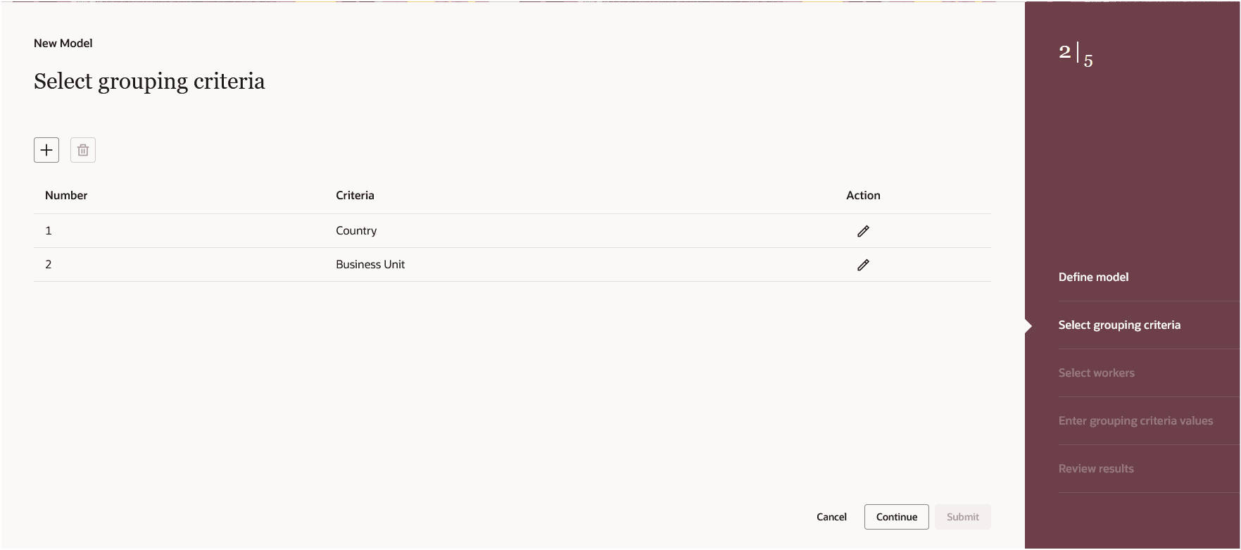 Select Grouping Criteria Step