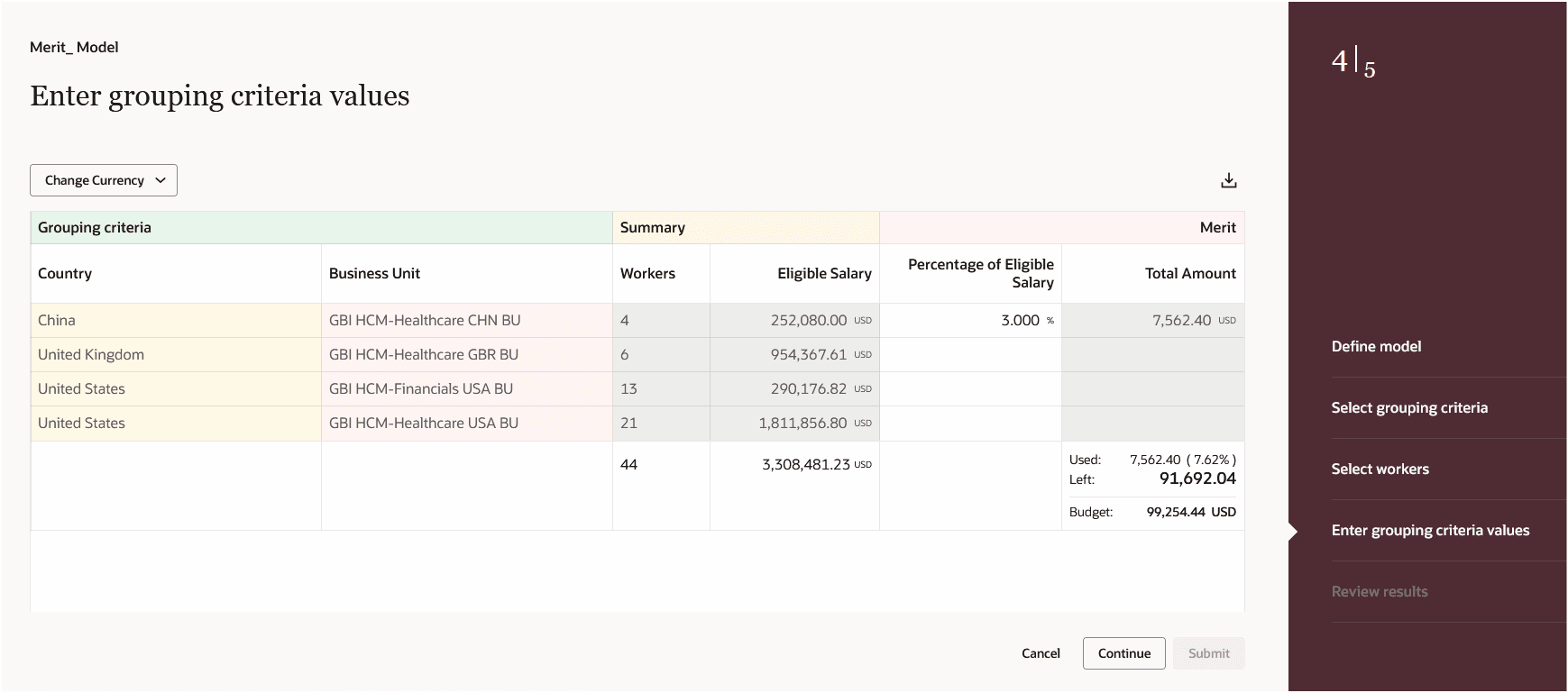 Enter Values Step with Bottom Row Summary Info