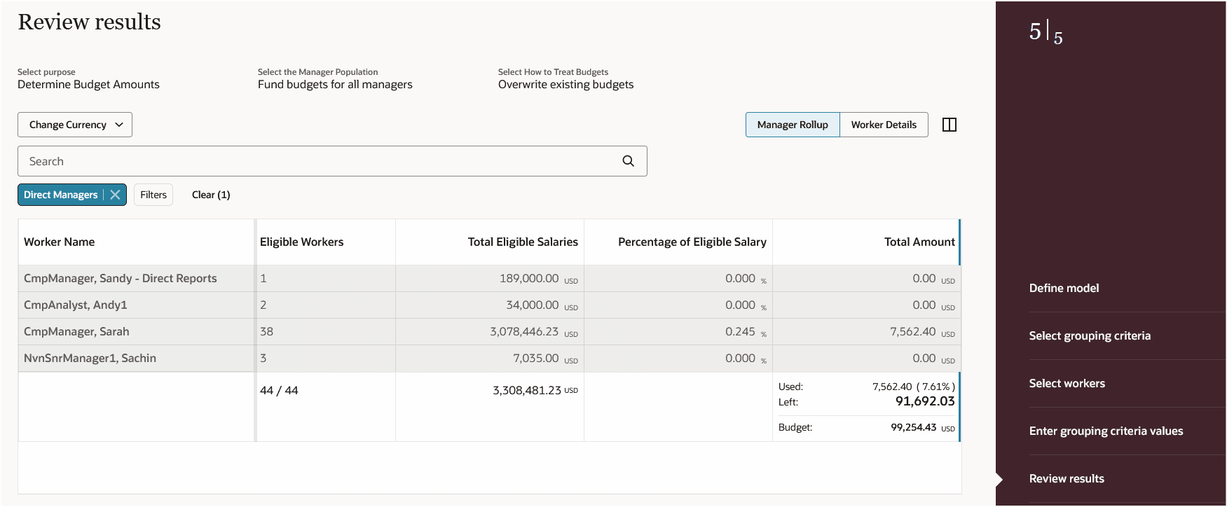 Review Results Step with Bottom Row Summary Info