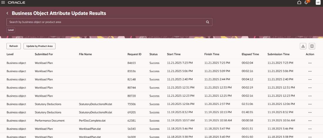 Business Object Attribute Update Results page