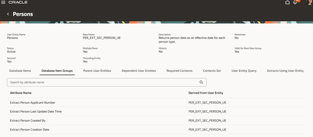 Database Item Group page