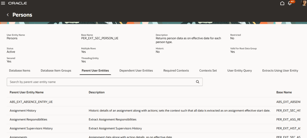 Parent User Entities page