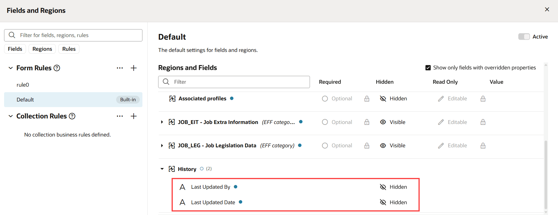 Hide or unhide Last Updated By and Last Updated Date attributes in History section using VB Studio business rules