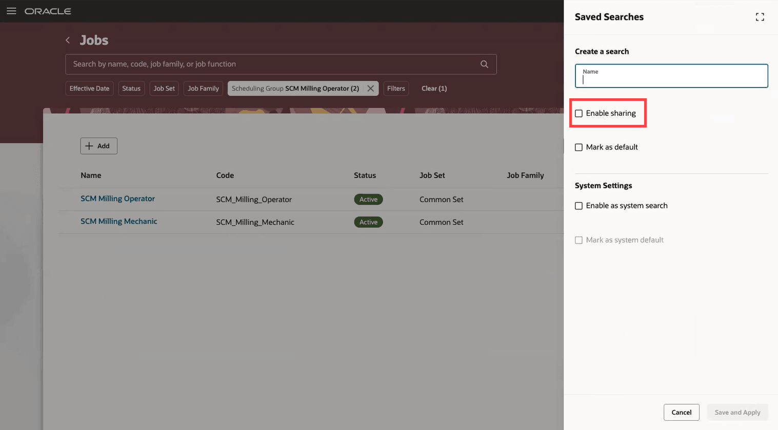 Enable sharing of a saved search