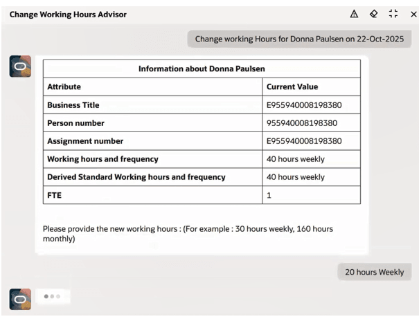User provides the new working hours for the change request