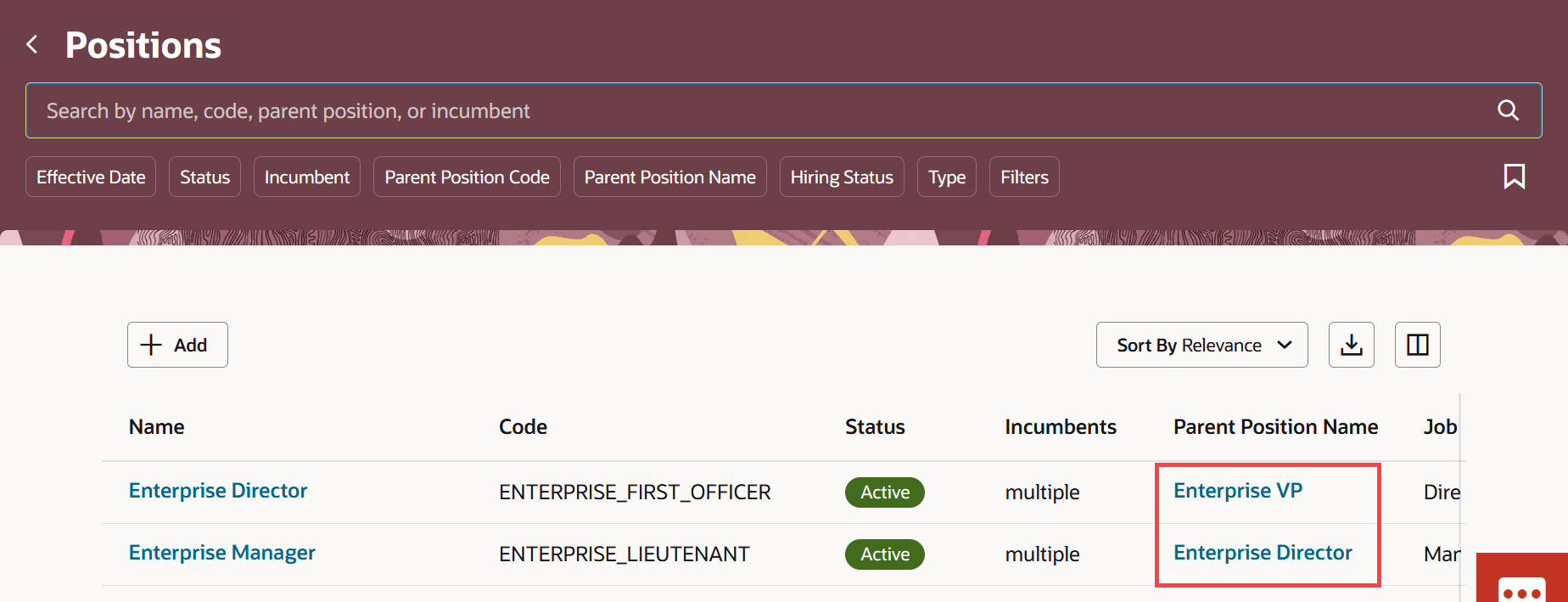 Parent position is displayed as a link in Redwood positions search results