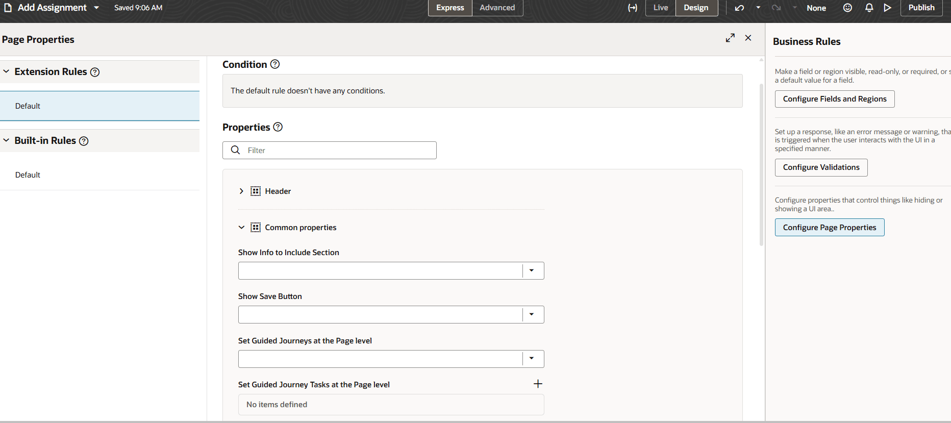 Common page properties for Add Assigment process