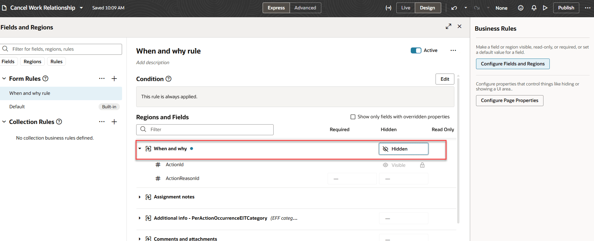 Hidden property for the When and why steps in Cancel Wor Relationship page