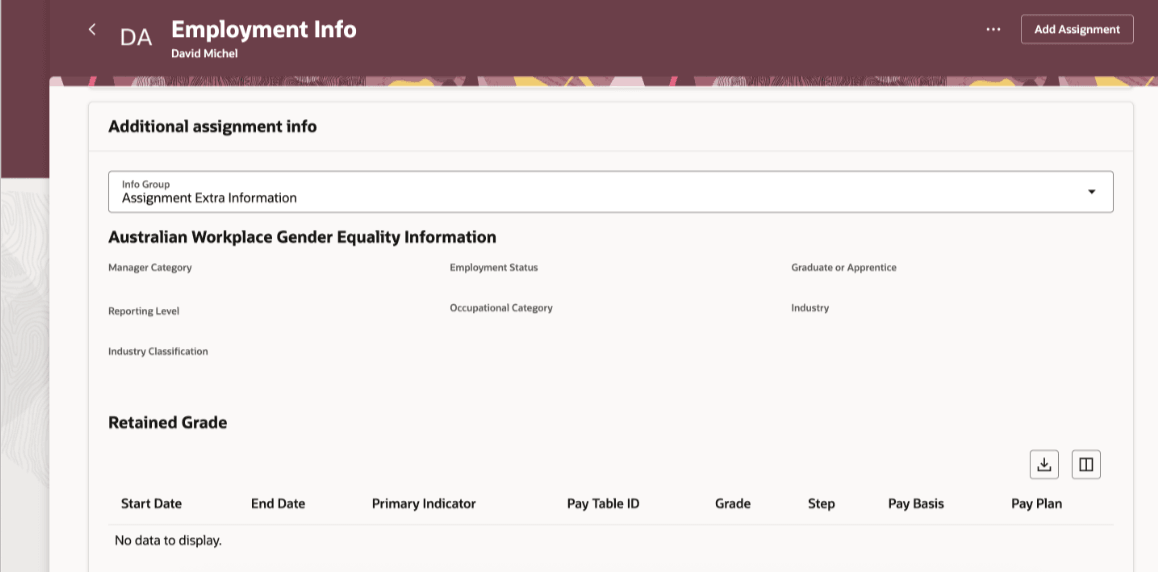 Empty fields are now displayed in the Assignment and Job Details section in Employment Info Page