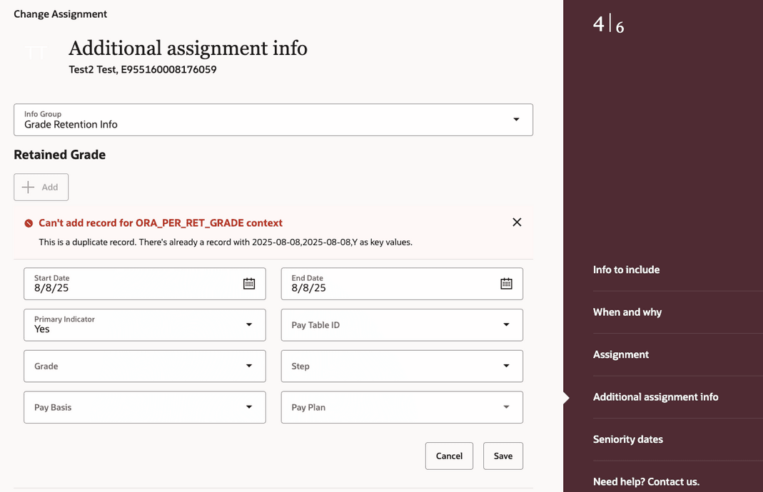 An error is displayed when duplicate key validations are entered