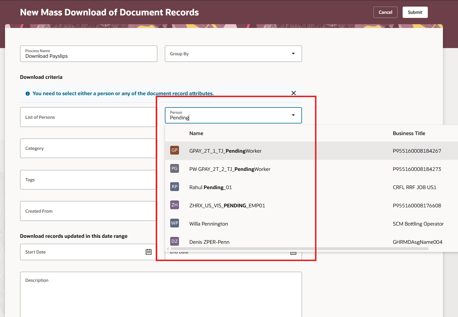 Mass Download Document Records for Pending Workers