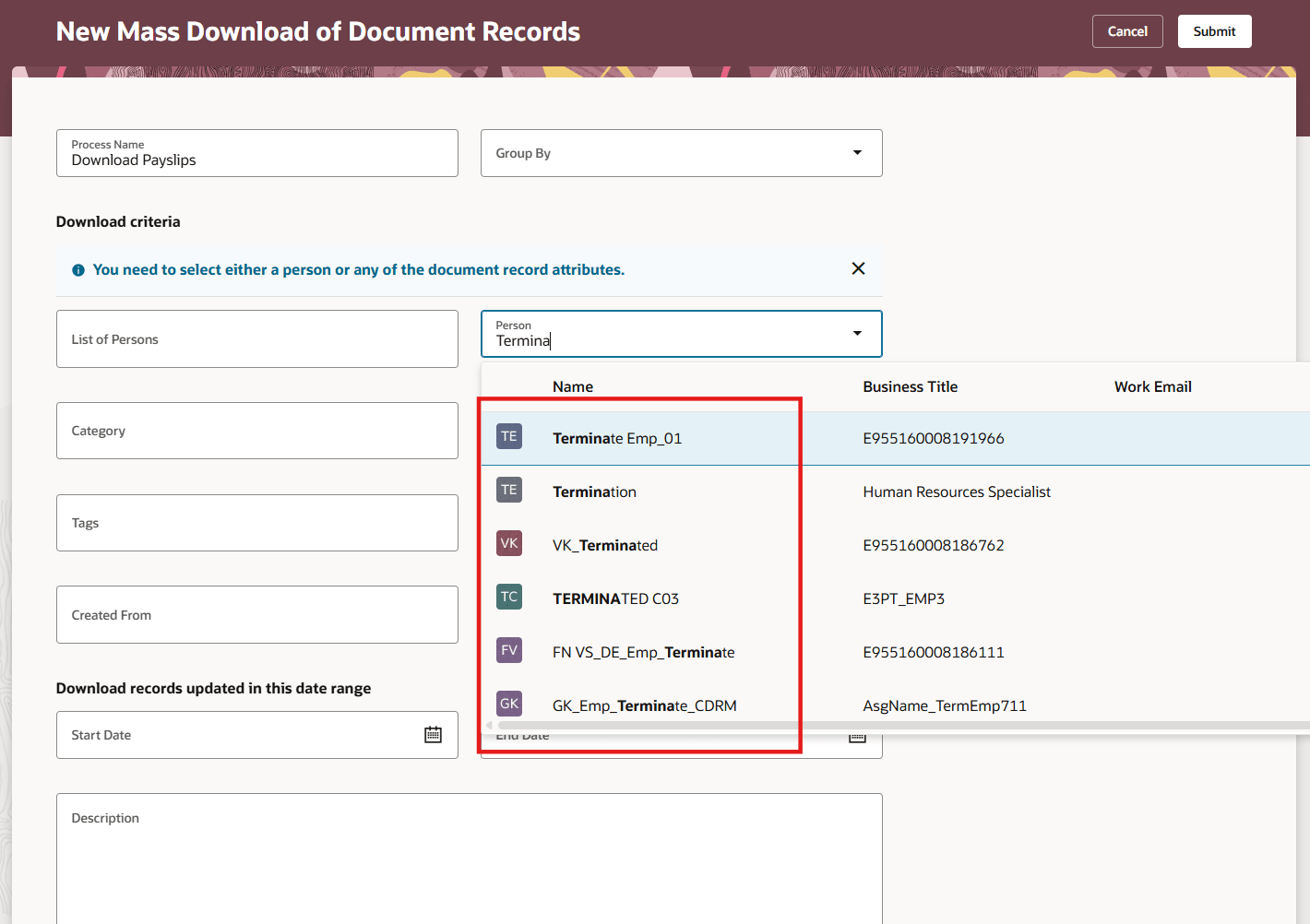 Mass Download Document Records for Terminated Workers