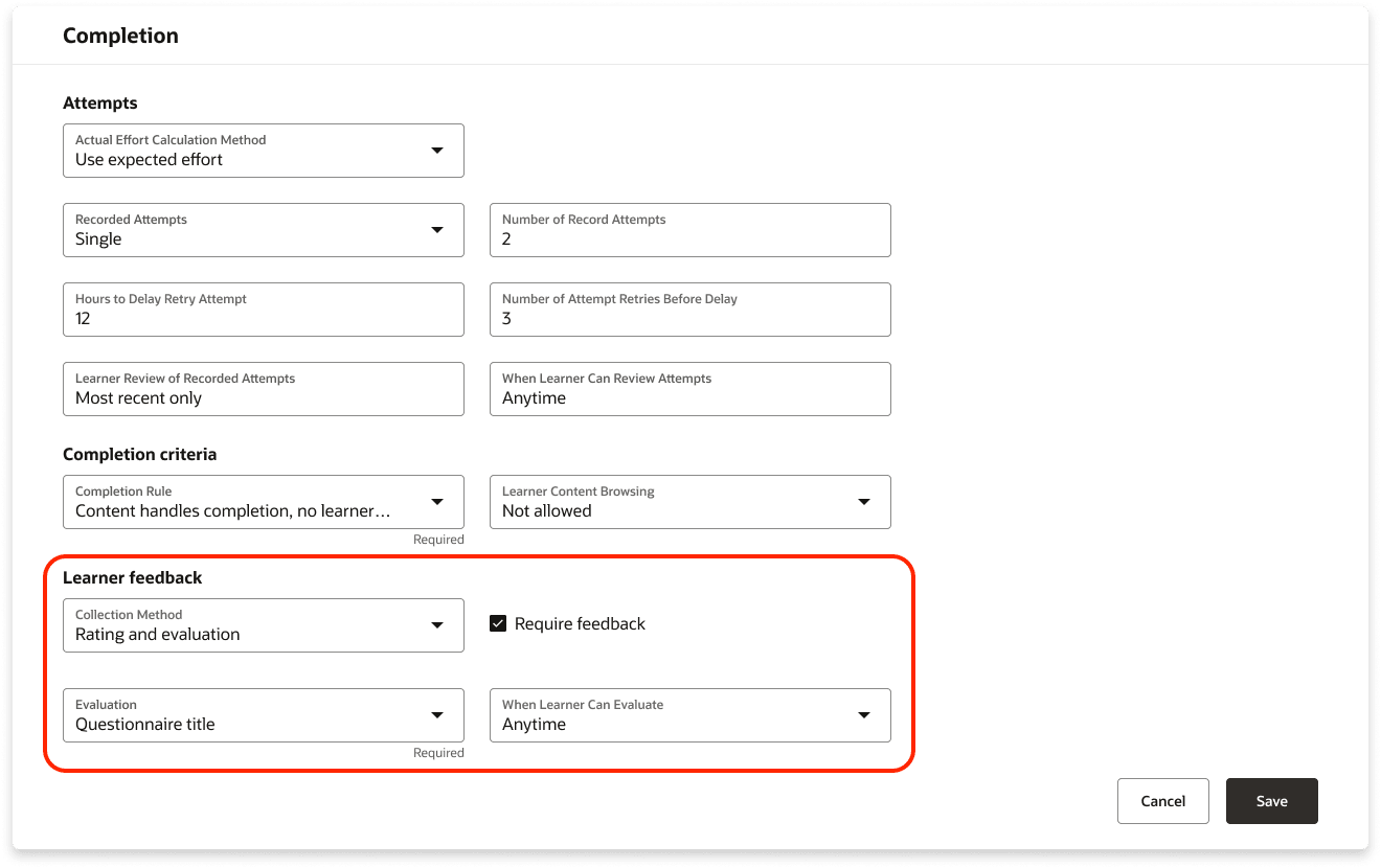 Completion Section Showing the Learner Feedback Settings