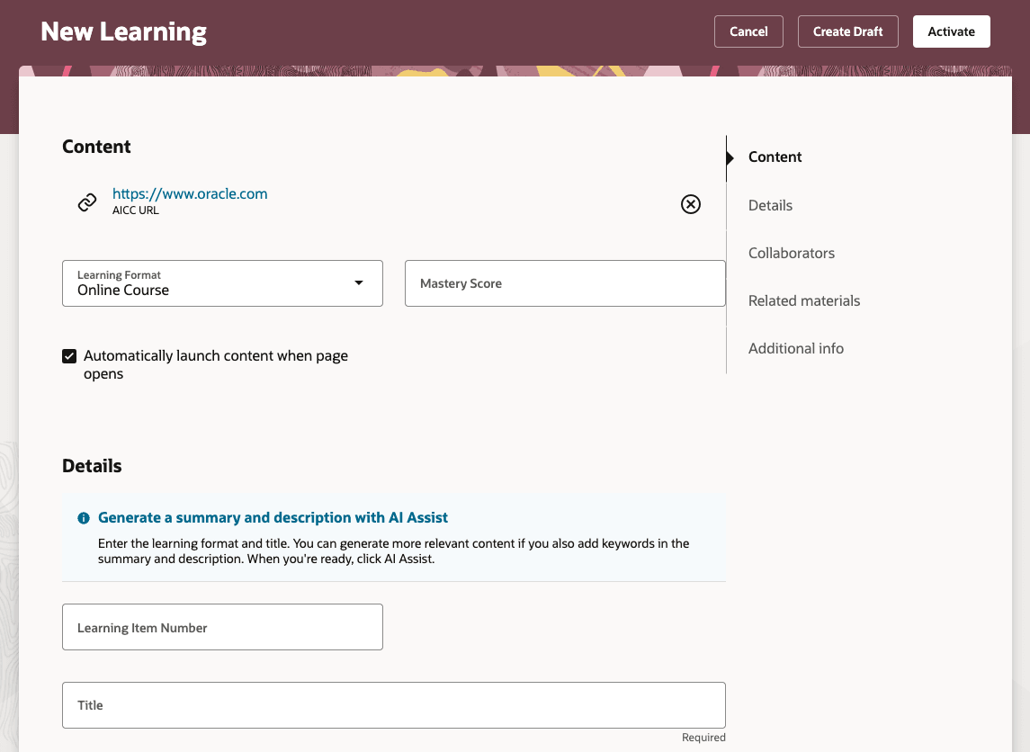 New Self-Paced Learning Page Showing the AICC URL and Learning Format and Mastery Score Fields